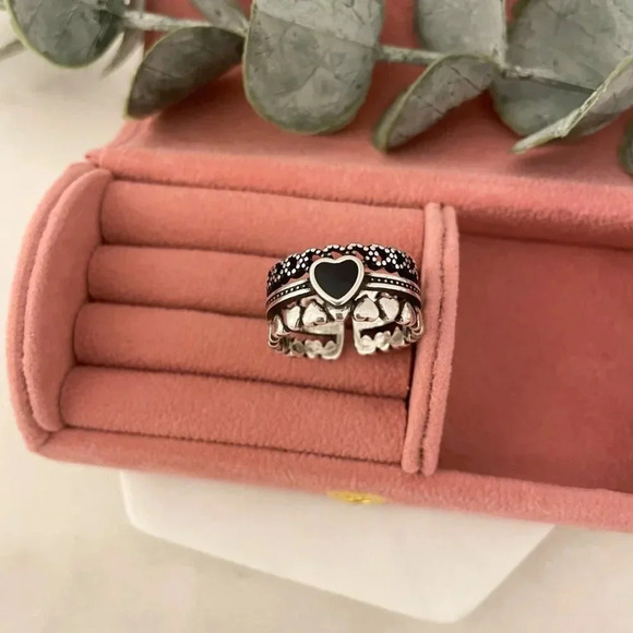 925 Sterling Silver Black Heart Minimalist Ring Vintage Boho Stackable Ring Band - Picture 4 of 7
